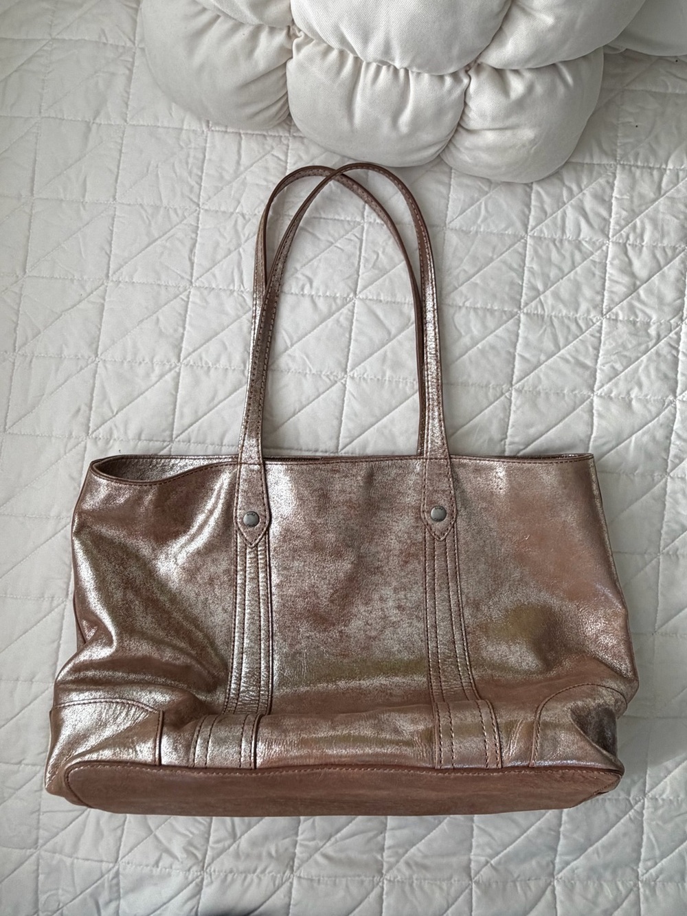Y2K 2000s Designer Frye Leather Rose Gold Metallic Tote Melissa Shopper